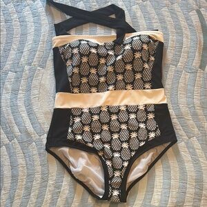 Boden Black and Cream Pineapple One Piece